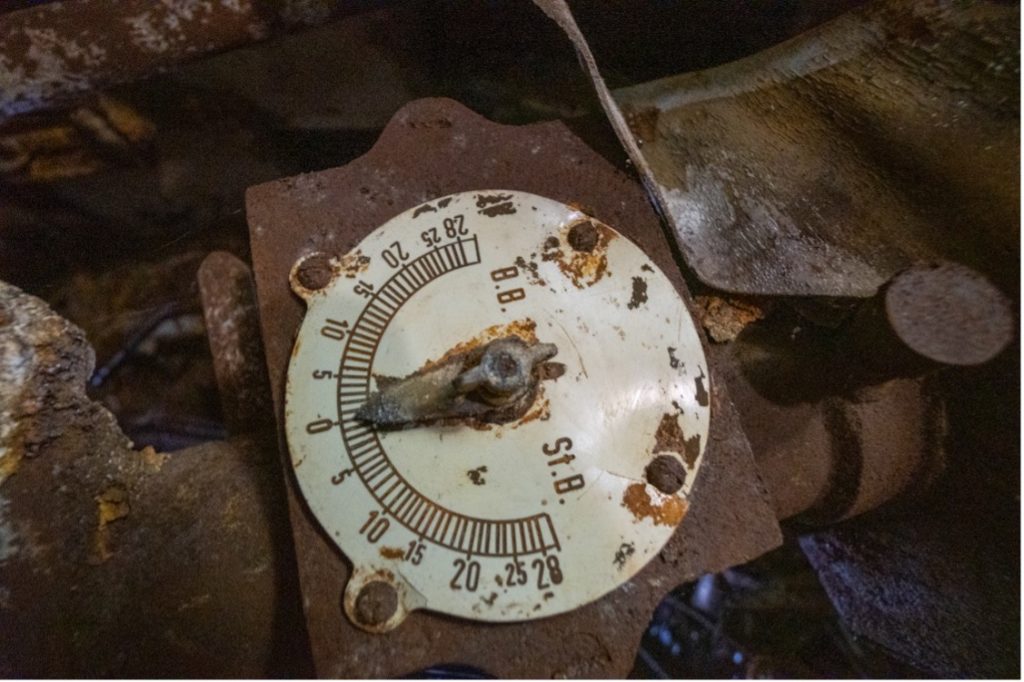 U-534’s emergency steering rudder angle indicator located in the U-boat’s stern torpedo room.