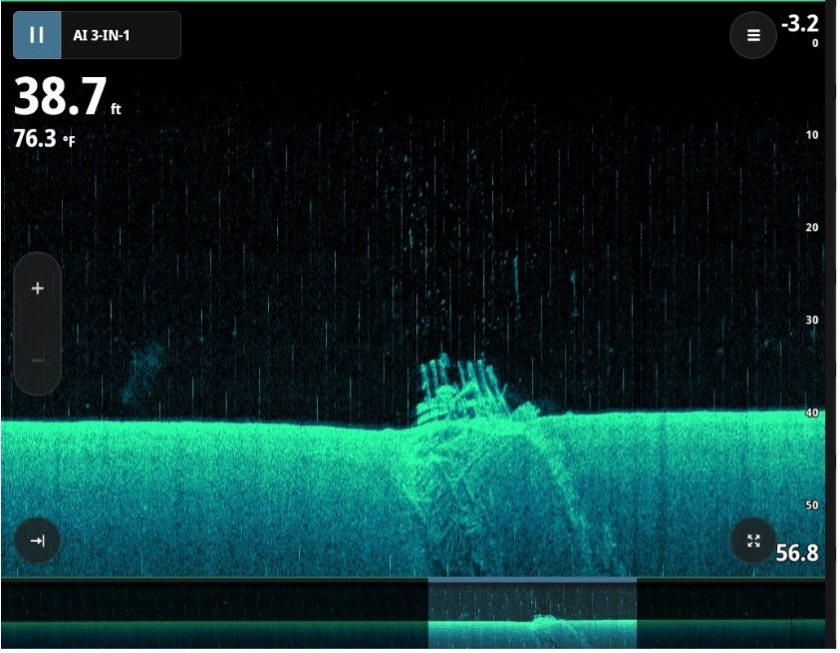 Downscan image of the barge at the mouth of St Mary’s River.