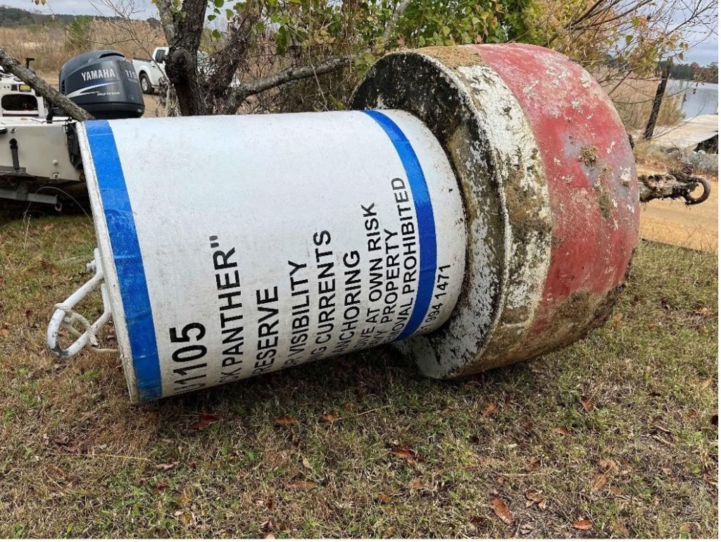 The U-1105 mooring buoy onshore for seasonal maintenance. It will be returned to its station on the wreck site in the Spring. Photo: Ops Coordinator