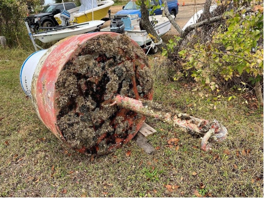 The U-1105 mooring buoy onshore for seasonal maintenance. It will be returned to its station on the wreck site in the Spring. Photo: Ops Coordinator
