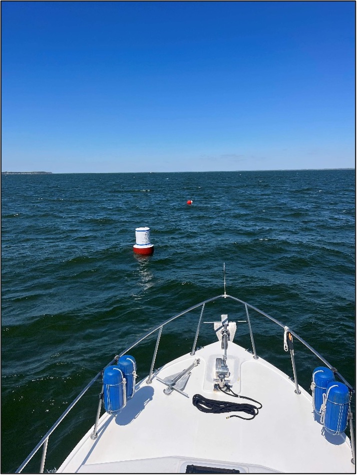 Buoy on station for 2026 dive season. Diver floats and temporary ball visible upriver.