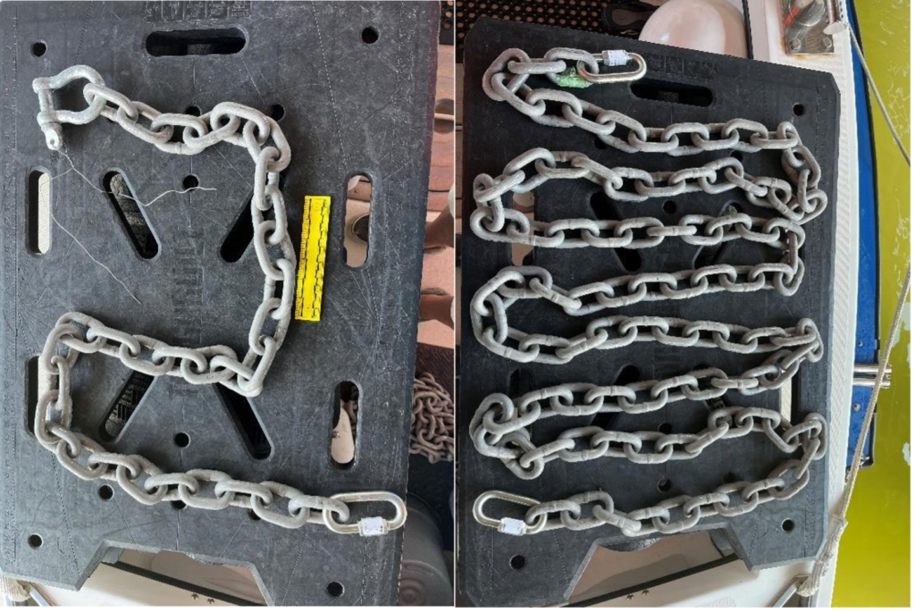 Short and long jumper chains. The short chain and new shackle were attached just below the buoy, and the longer chain was attached at 72 fsw and at a point in the buried in sediment at a depth about 1.5 feet below the river bottom.
