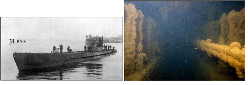 Archival photo of U-853 and an engine room photo looking aft, the latter taken by the Ops Coordinator on a previous dive.
