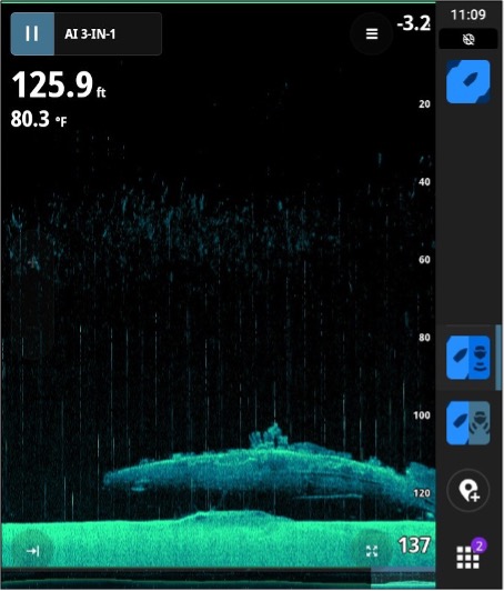 Down-scan image of the S-49. Note the submarine’s bilge keel.