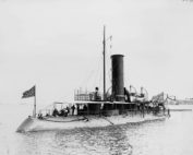 Source: Library of Congress Bow view of the USS Katahdin, note the ships boats are resting on curved beams and the high relief bridge, with searchlight, with the cylindrical armored conn below