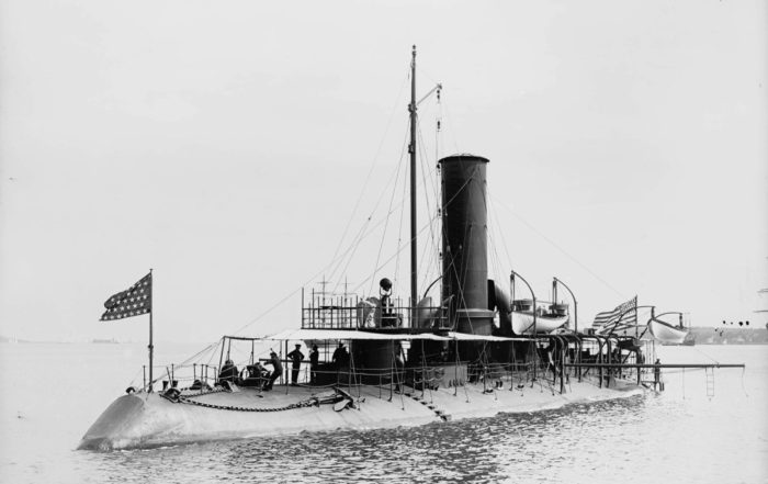 Source: Library of Congress Bow view of the USS Katahdin, note the ships boats are resting on curved beams and the high relief bridge, with searchlight, with the cylindrical armored conn below