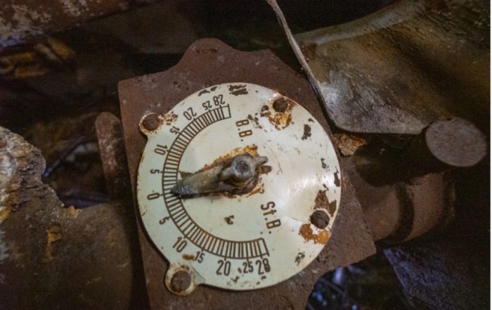 U-534’s emergency steering rudder angle indicator located in the U-boat’s stern torpedo room.