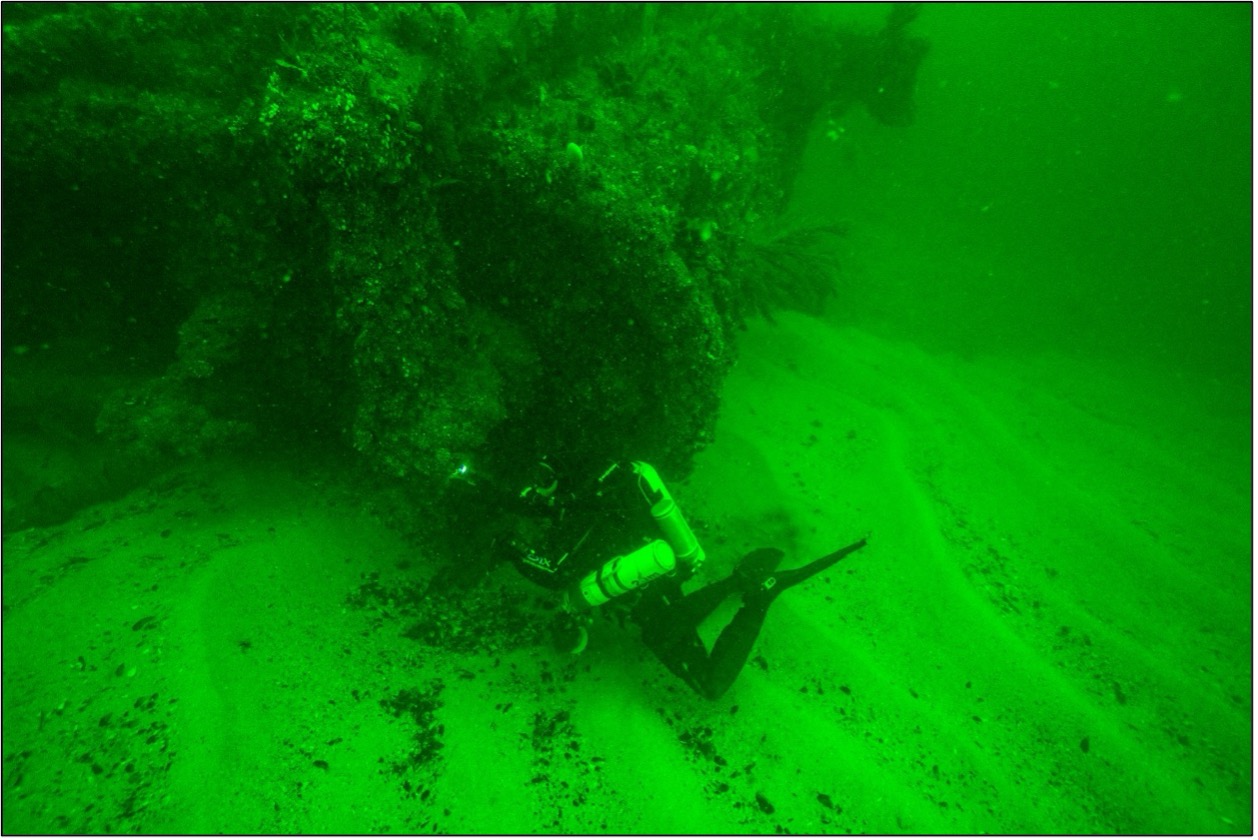 HMT Birkenhead’s side lever steam engine, diver for scale.