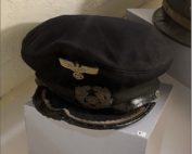 Kriegsmarine officer’s cap recovered after the 5&6 May 1945 attack on and sinking of the U-853 off Block Island, Rhode Island. The cap is on display aboard the museum ship USS Slater (DE-766), the only surviving afloat destroyer escort from WWII, berthed on the Hudson River in Albany, NY.